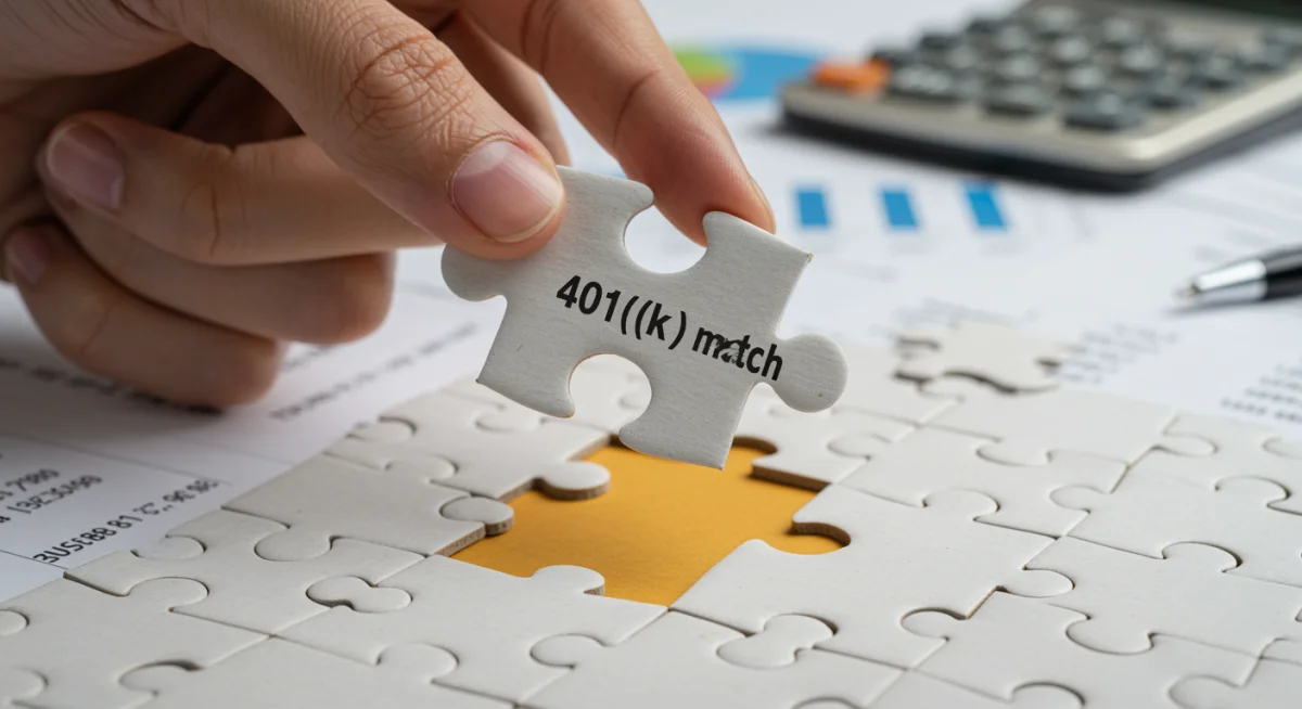 Hand placing 401(k) match puzzle piece into retirement plan.