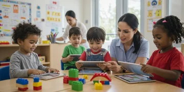 Children learning with technology in a modern US early childhood classroom