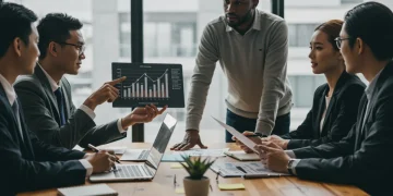 Professionals discussing 401(k) matching benefits and retirement planning in a modern office.